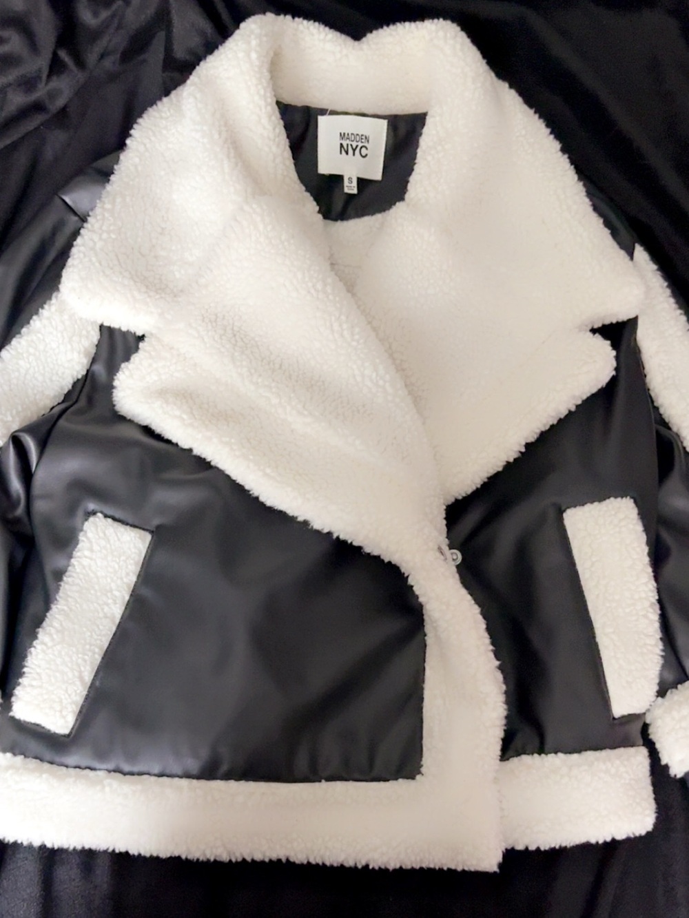Madden NYC Women's Black & White Teddy Shearling Moto Jacket